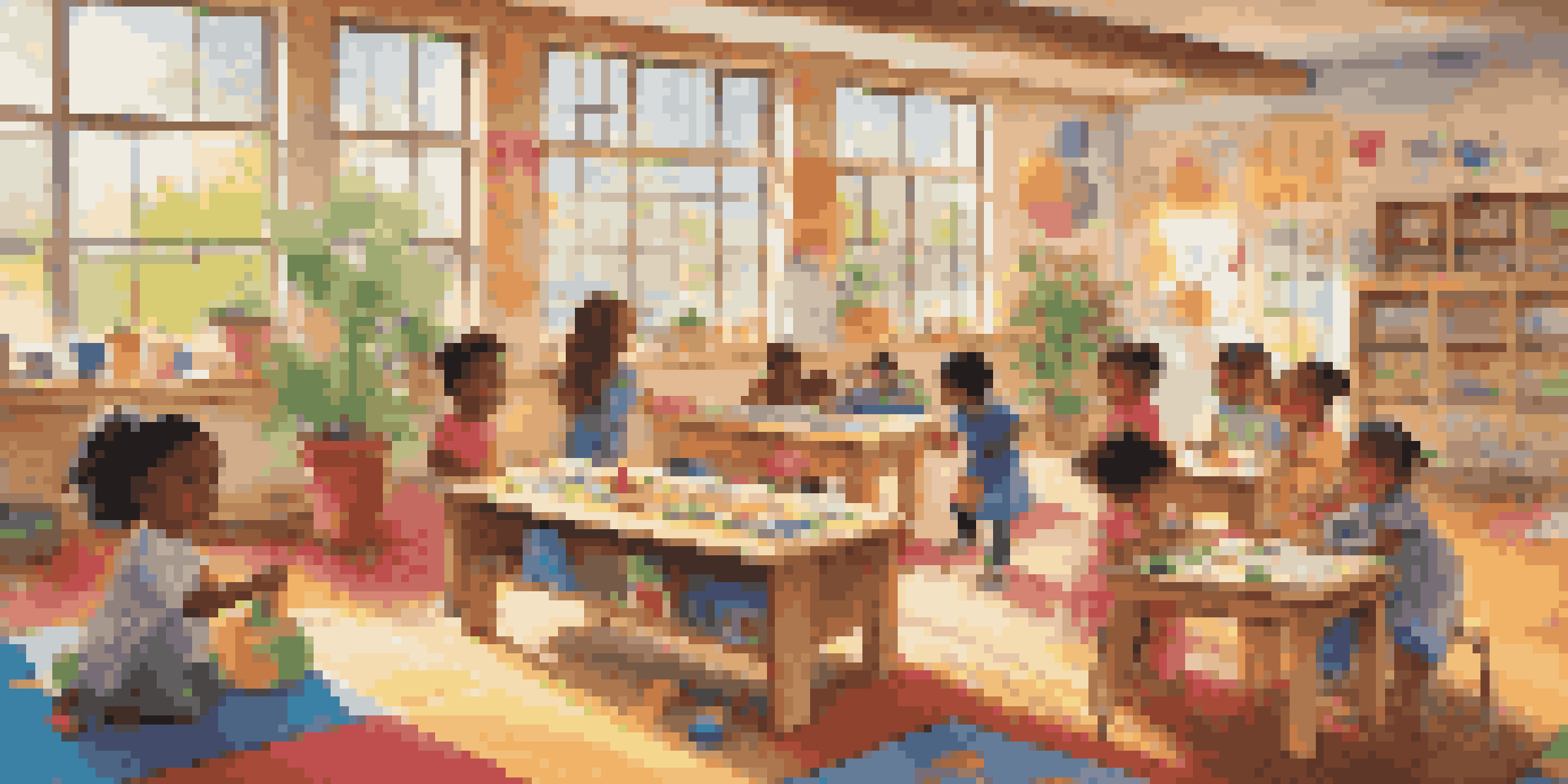 A lively classroom scene where young children are collaborating on an art project and building structures with blocks, with bright sunlight streaming in.