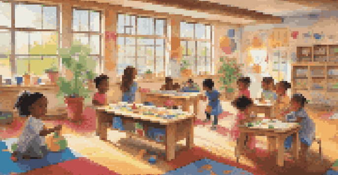 A lively classroom scene where young children are collaborating on an art project and building structures with blocks, with bright sunlight streaming in.