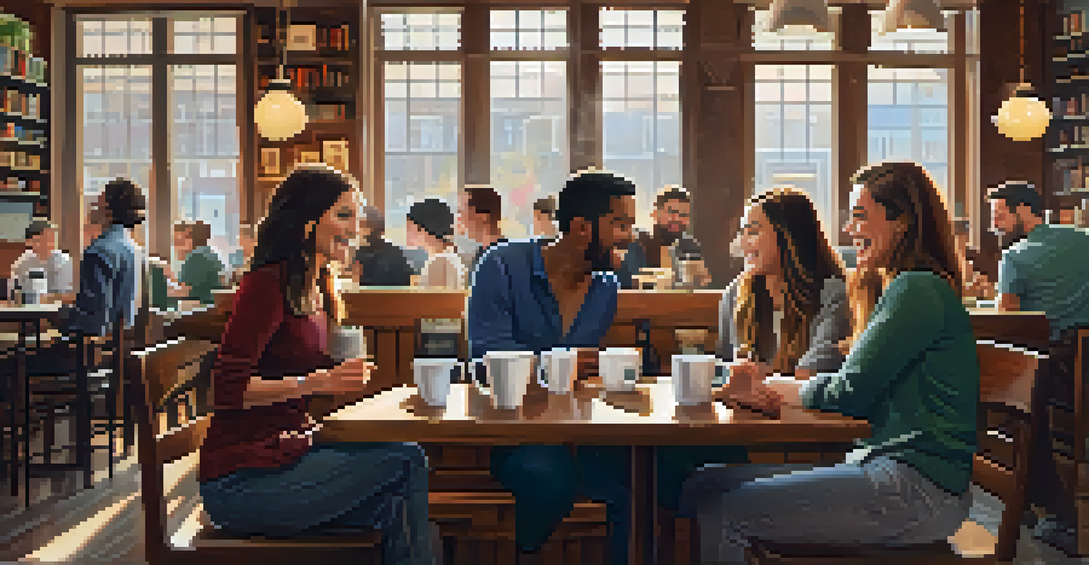 A group of diverse friends chatting animatedly in a cozy coffee shop, surrounded by warm lighting and books.