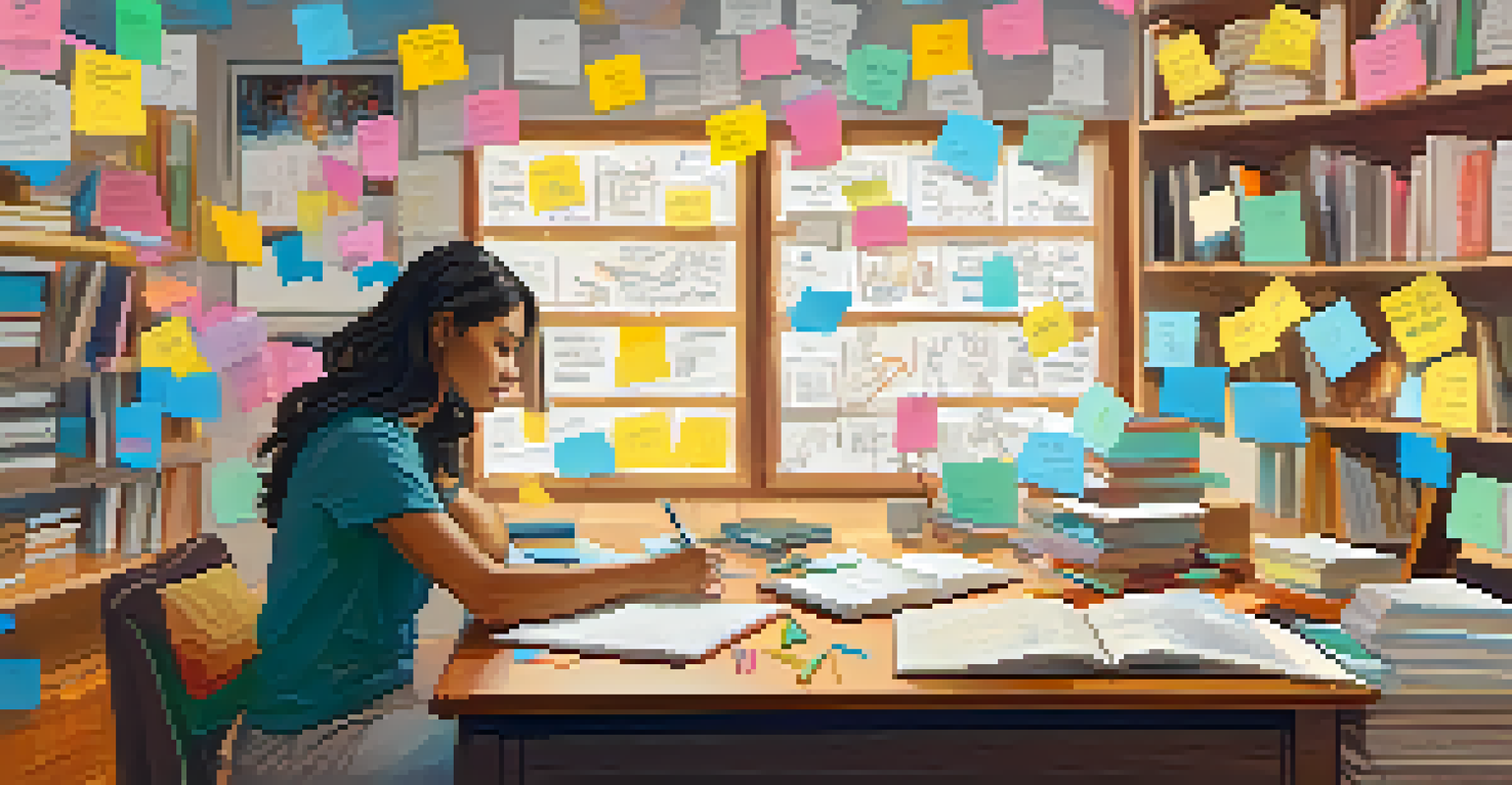 A person actively learning with sticky notes and books around, focused on writing in a notebook, in a bright and cozy room.