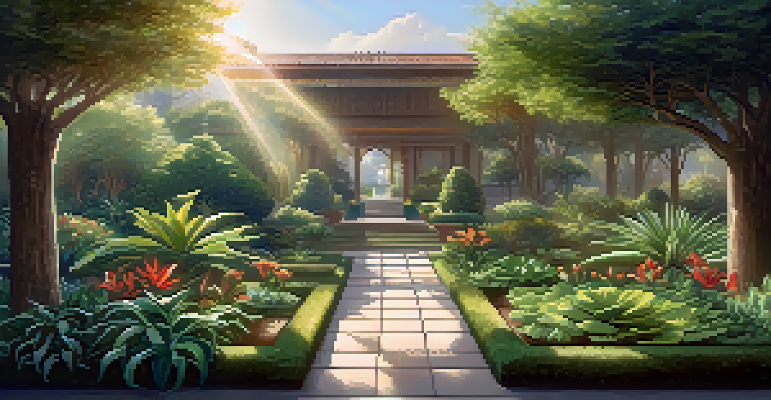 A serene garden with different plants labeled with cultural values, sunlight filtering through leaves, symbolizing growth and inclusivity.