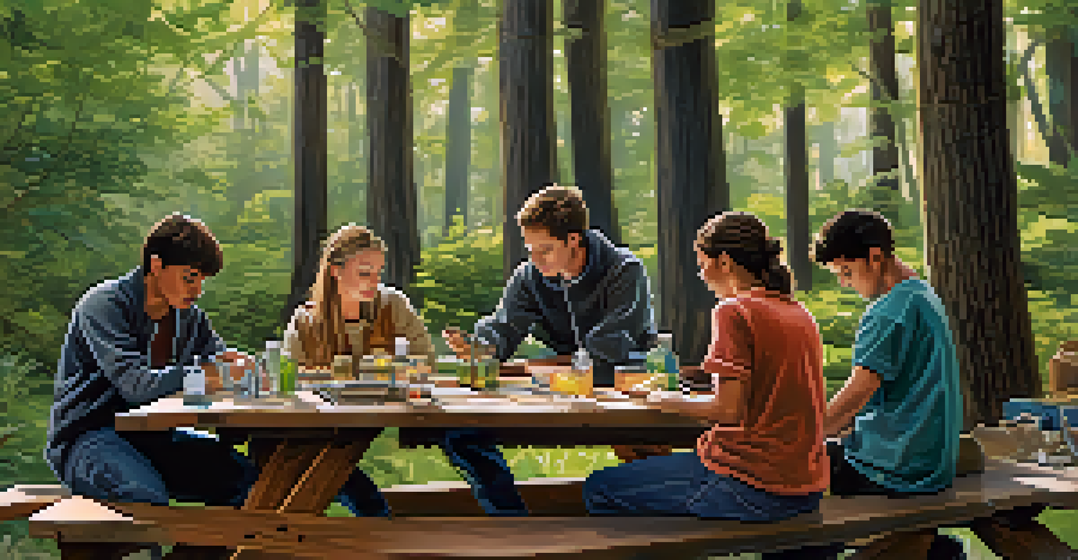 Students collaborating on a project about ecosystems at an outdoor classroom, working together on a picnic table surrounded by nature.