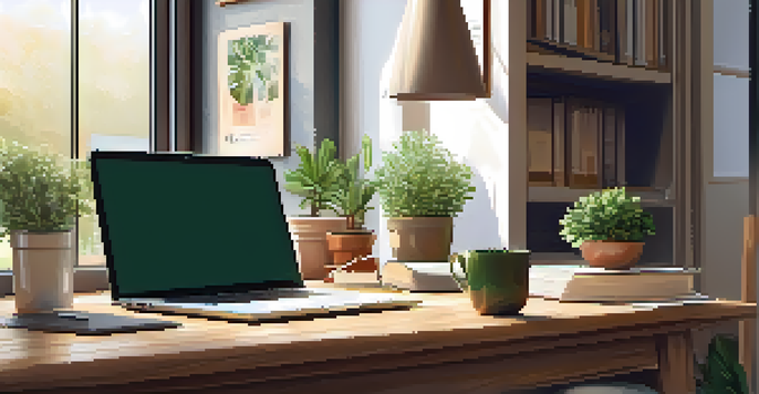 A comfortable home office with a desk, laptop, notepad, coffee cup, and a plant, illuminated by natural light.