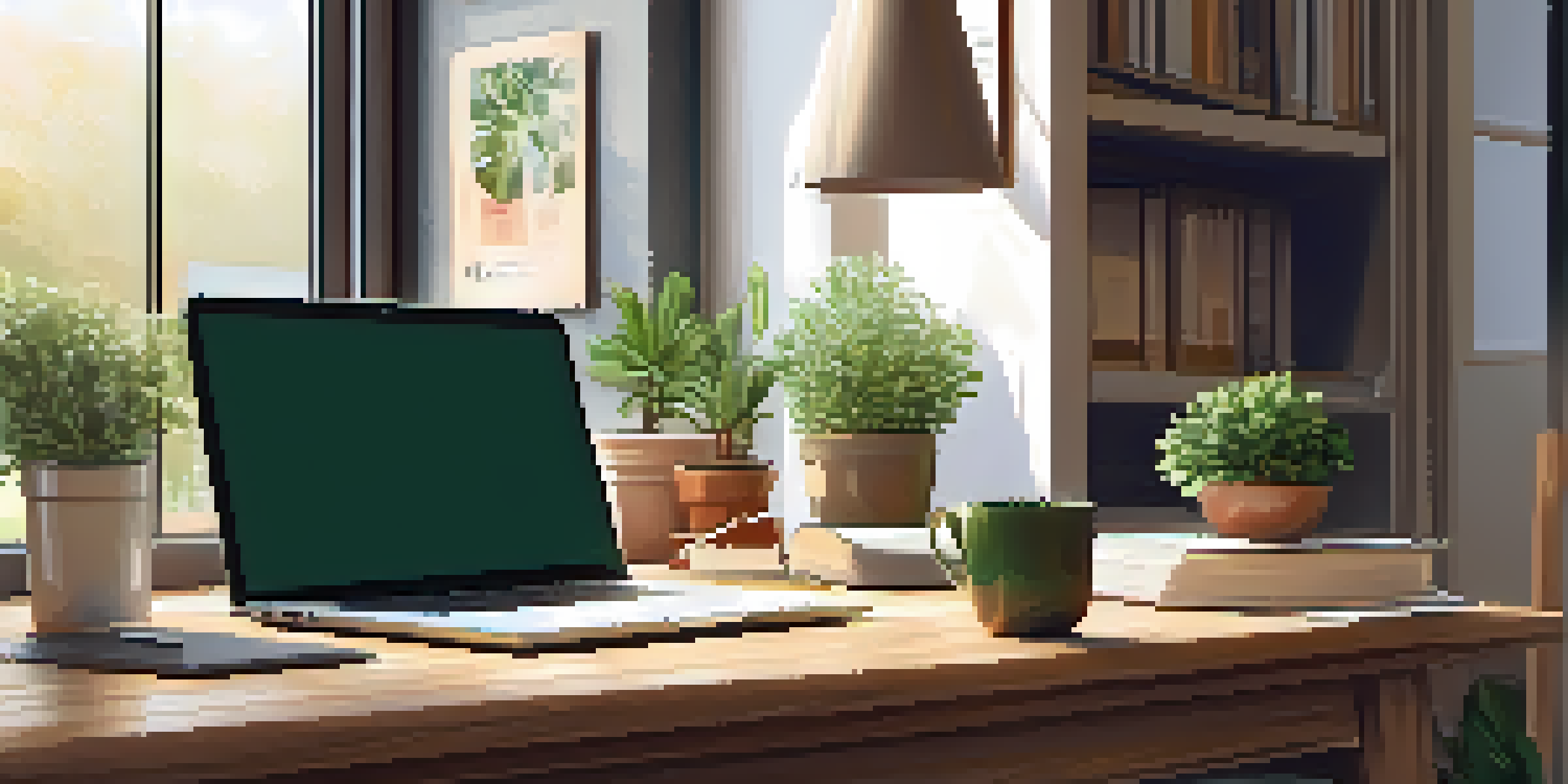 A comfortable home office with a desk, laptop, notepad, coffee cup, and a plant, illuminated by natural light.