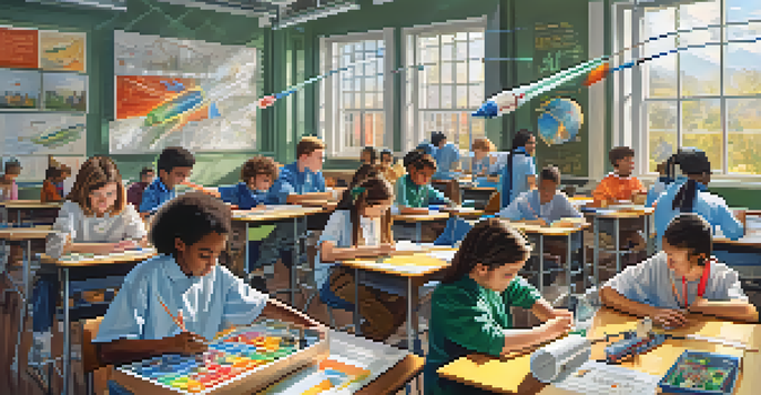 A diverse group of students working collaboratively on a STEM project in a colorful classroom filled with educational posters.