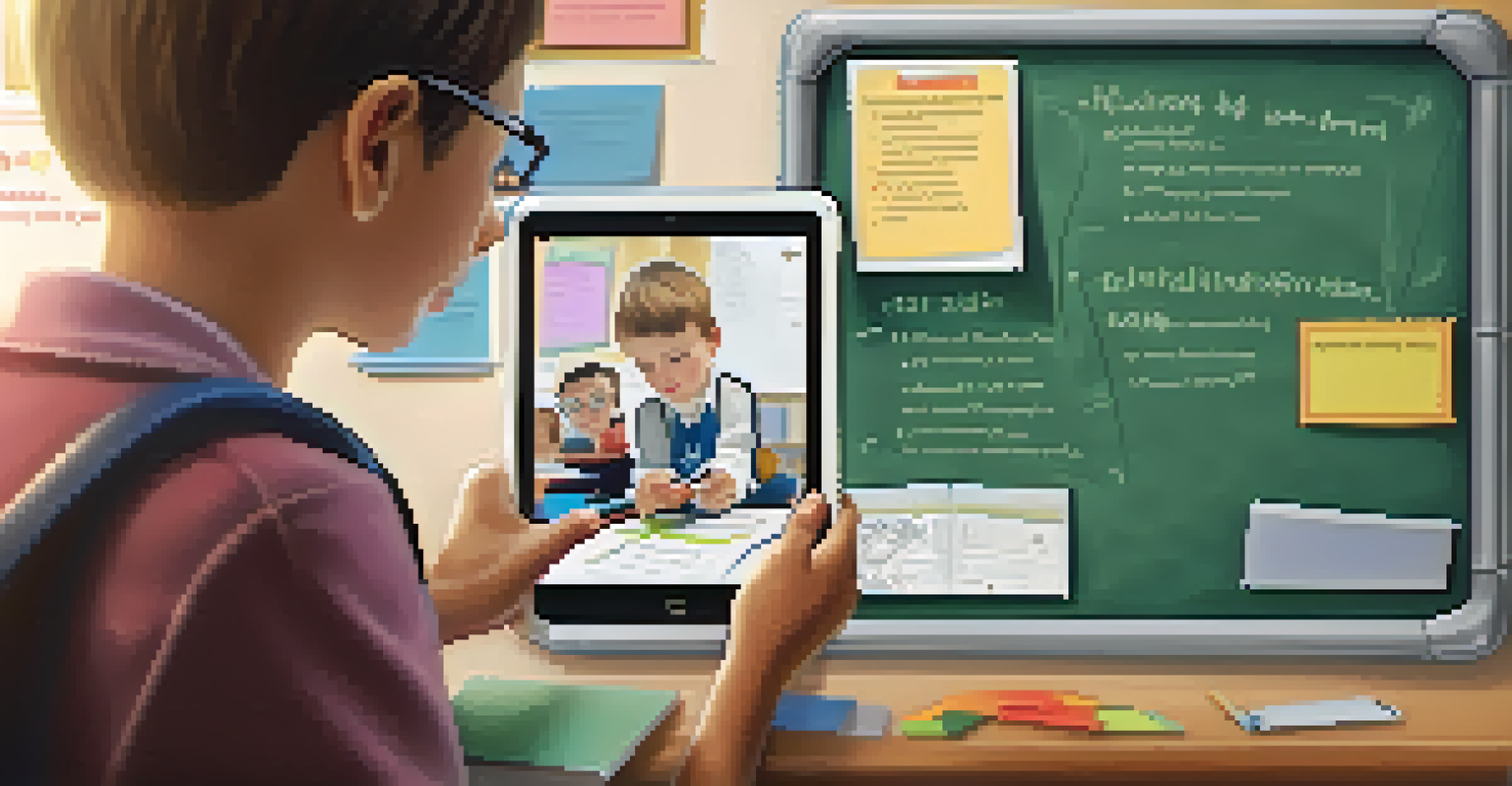 A close-up of a teacher using a tablet app in a classroom, with student work visible in the background, highlighting the integration of technology in learning.