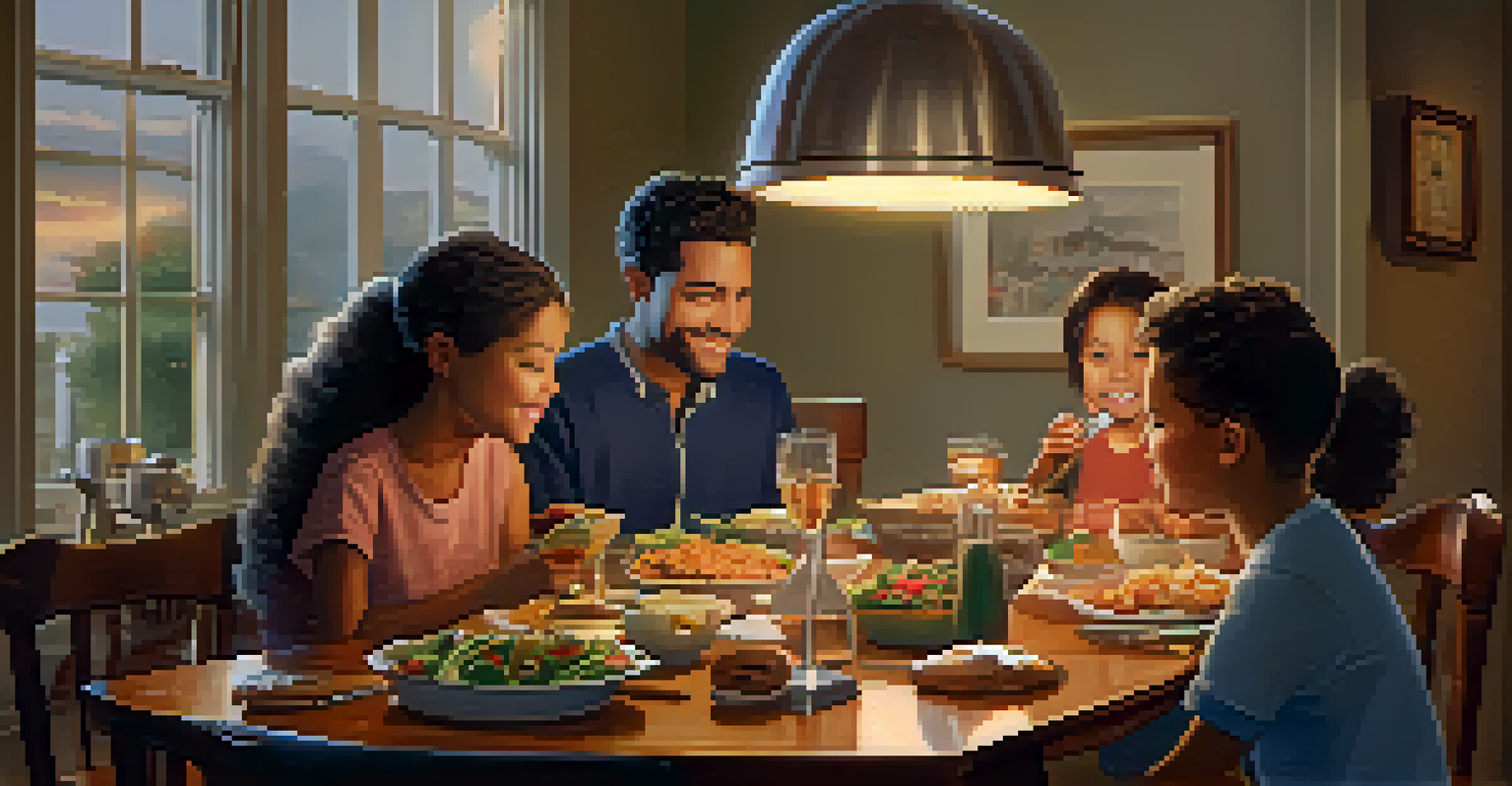 A family enjoying a meal together at a dining table, highlighting the importance of tech-free time and family bonding.