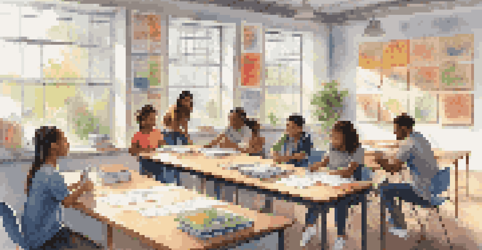 A diverse group of students working together on a project in a bright classroom, with posters and natural light.
