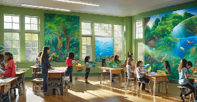 A diverse group of students in a classroom working together on a colorful mural that showcases different ecosystems, with sunlight illuminating the scene.
