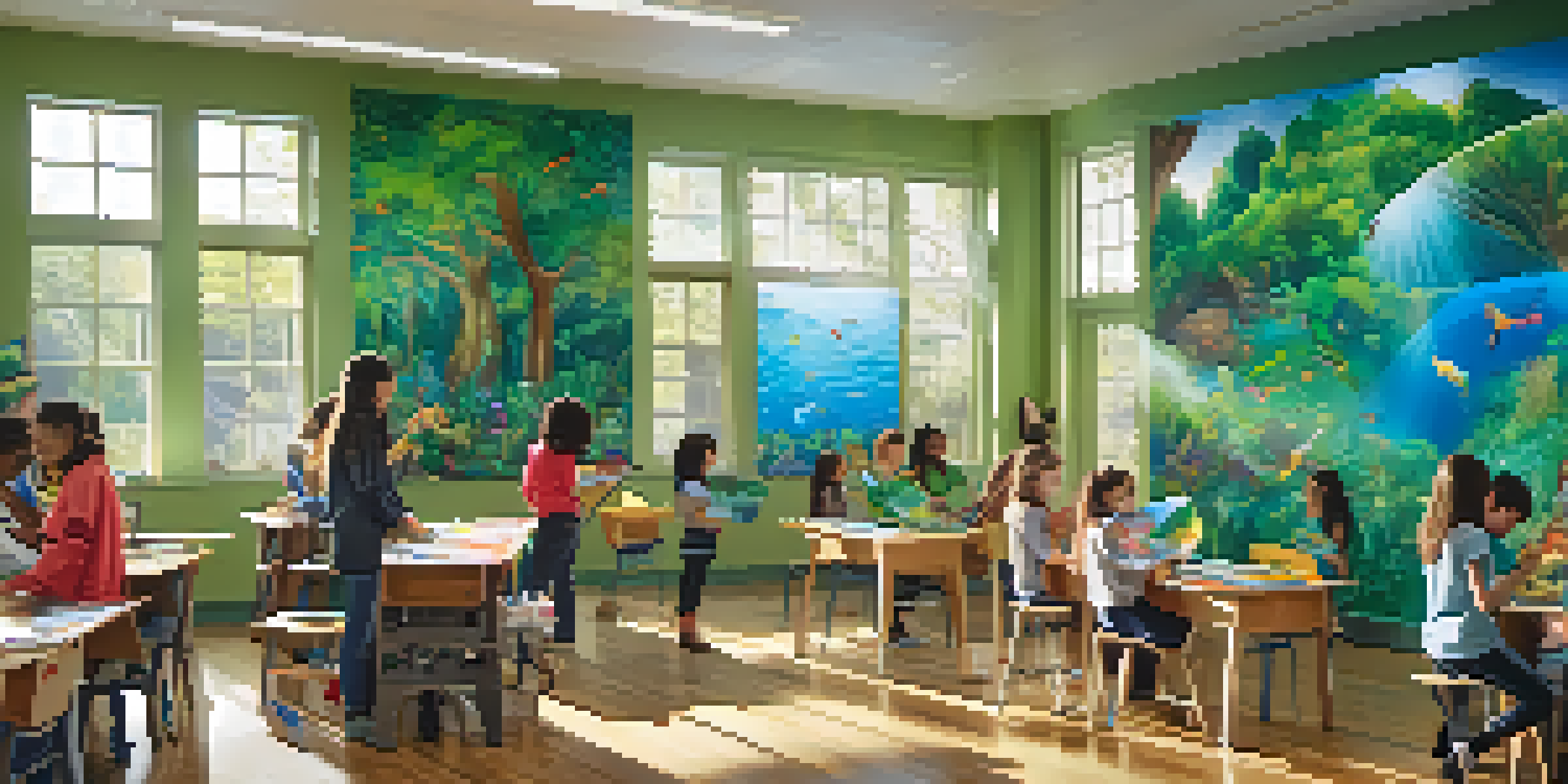 A diverse group of students in a classroom working together on a colorful mural that showcases different ecosystems, with sunlight illuminating the scene.