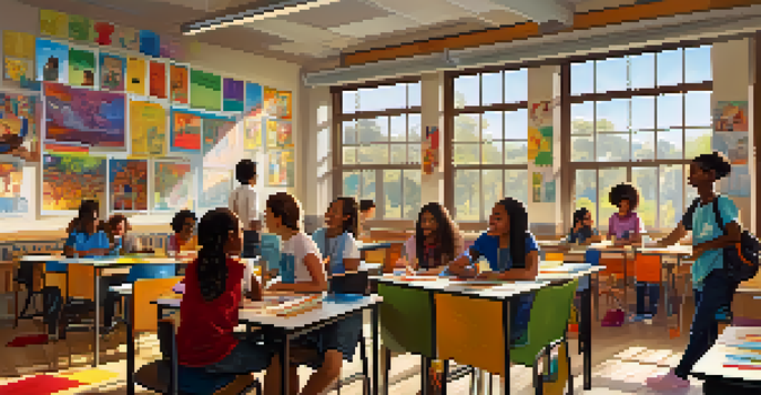 A diverse classroom with students collaborating on a project, surrounded by cultural posters and bright sunlight.