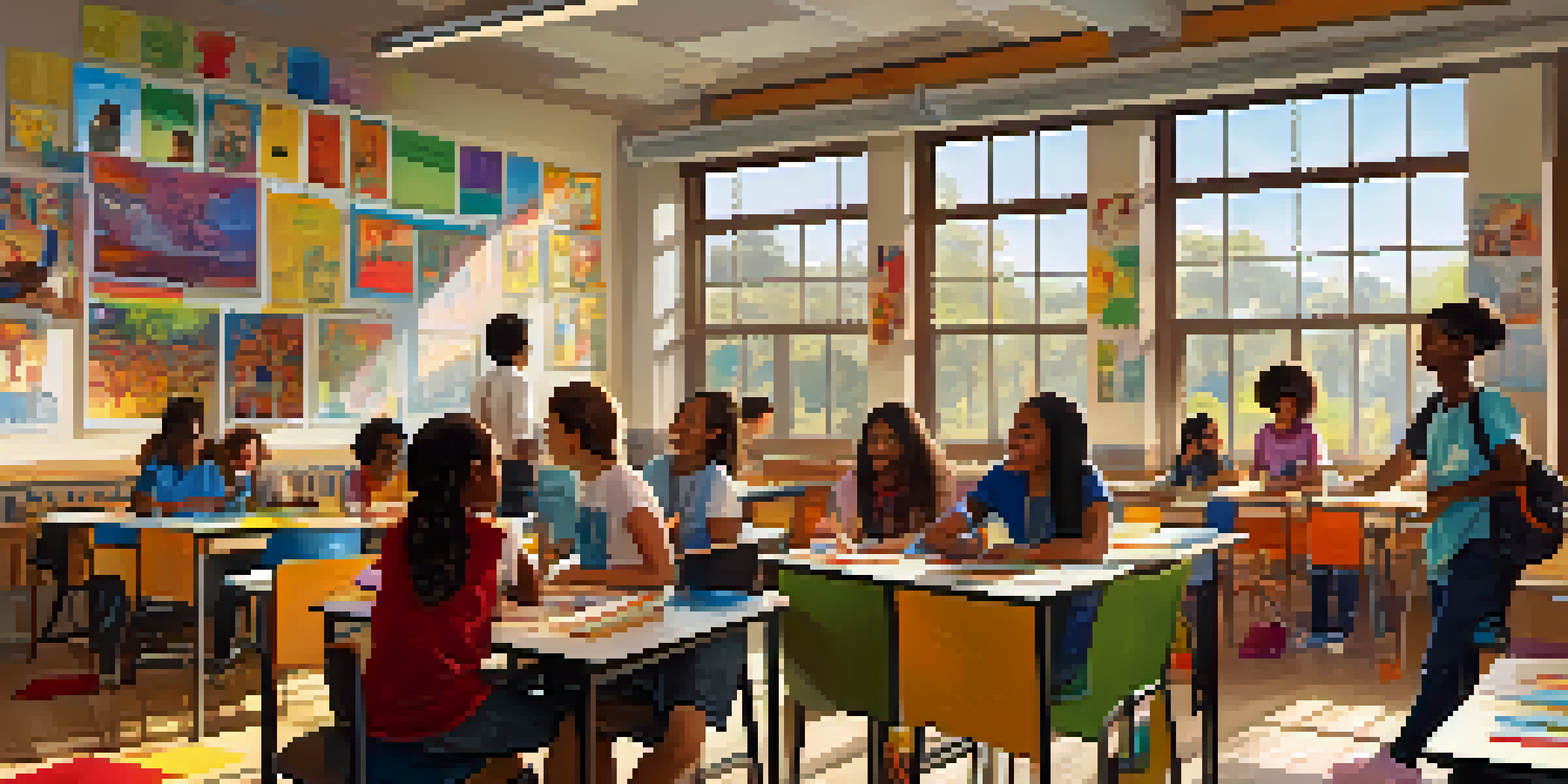 A diverse classroom with students collaborating on a project, surrounded by cultural posters and bright sunlight.