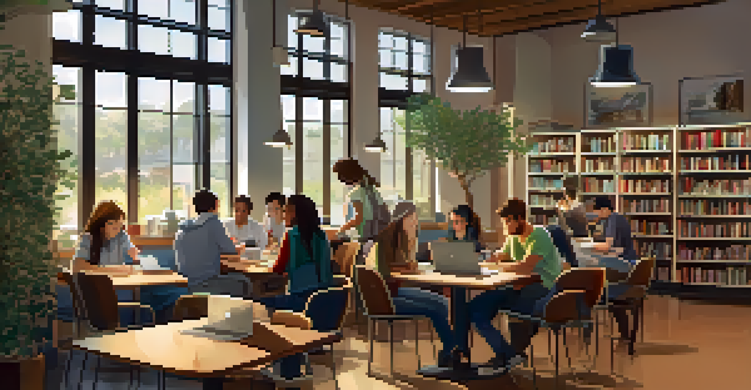 A cozy café environment for learning, with students using laptops and engaged in discussions at small tables.