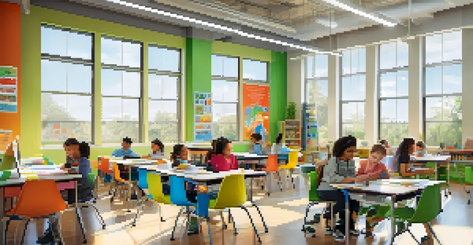 A flexible classroom setup with movable furniture, bright light, and engaged students in group activities.