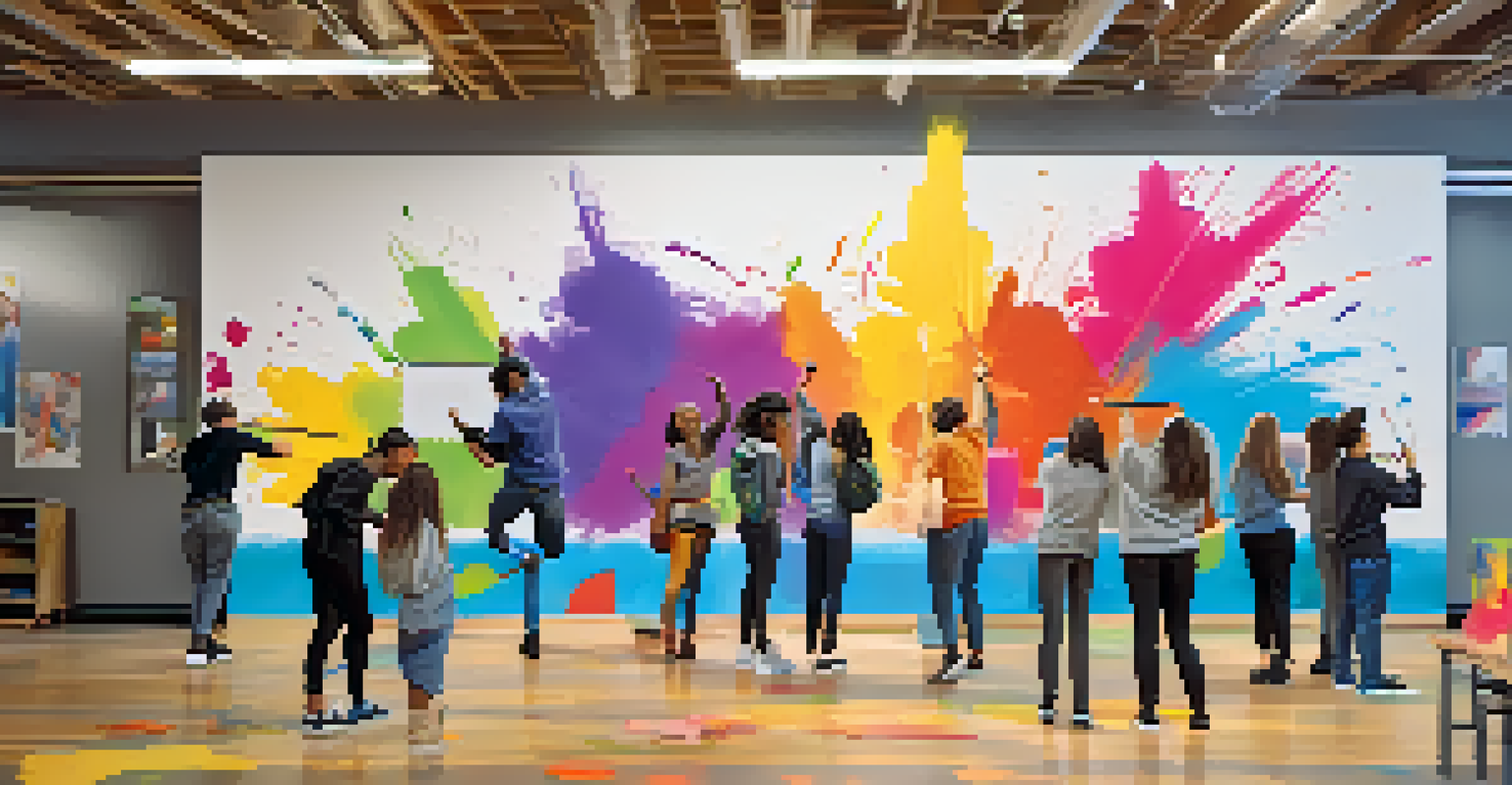 A diverse group of students painting a mural together, with various colors and styles on display, in a classroom setting.