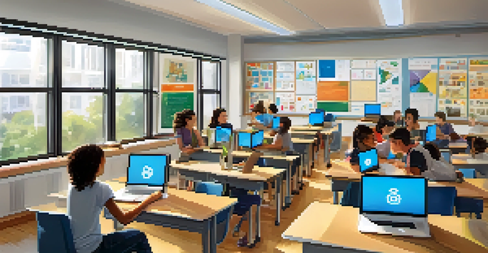A bright classroom with diverse students using laptops and engaging in discussions about AI tools.