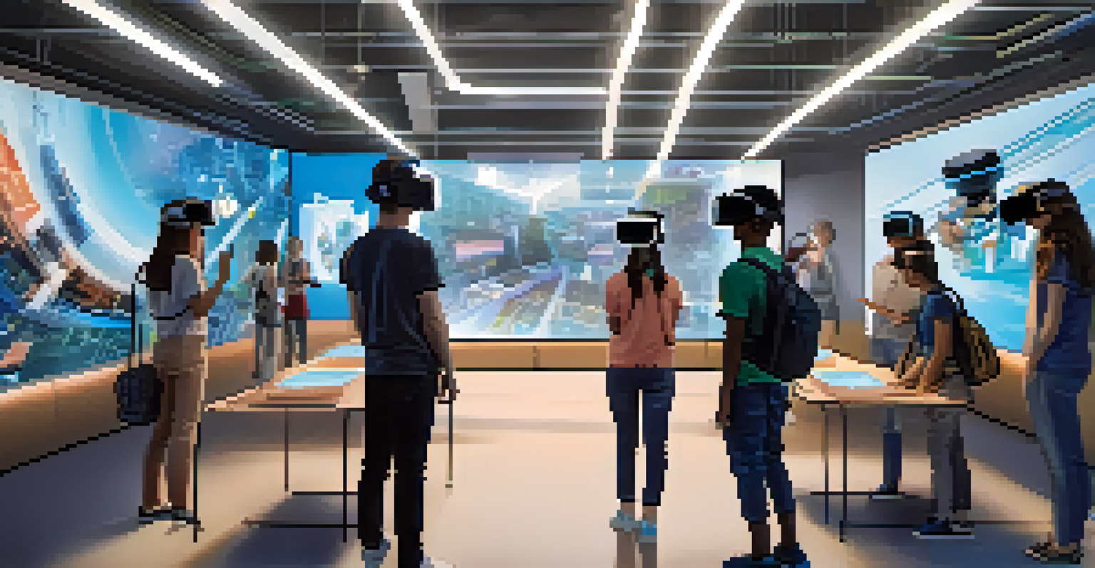 Students experiencing virtual reality in a classroom setting, exploring digital landscapes with VR headsets.