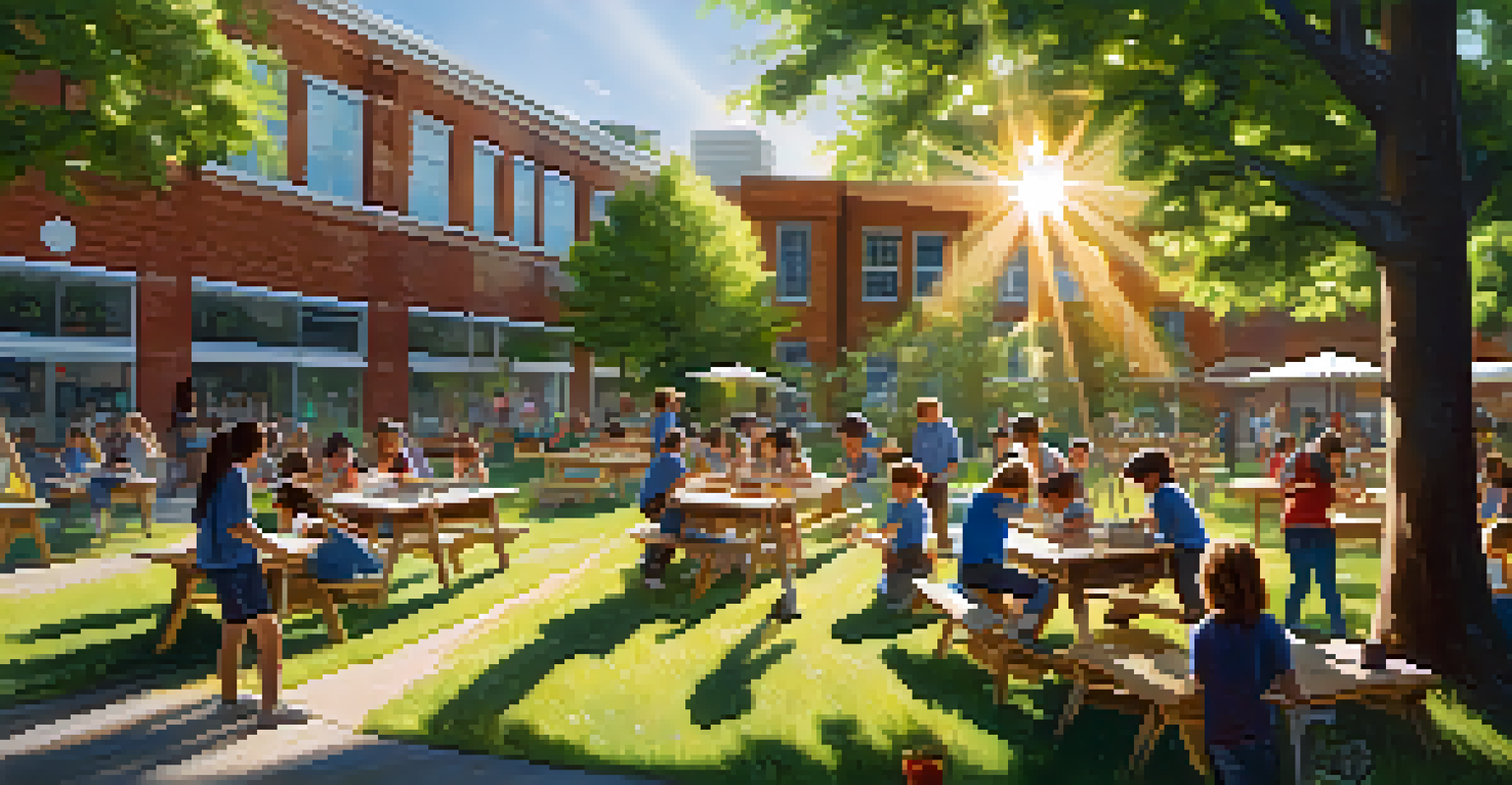 Students engaging in a science experiment outdoors in a garden setting, with picnic tables and a whiteboard under a tree.