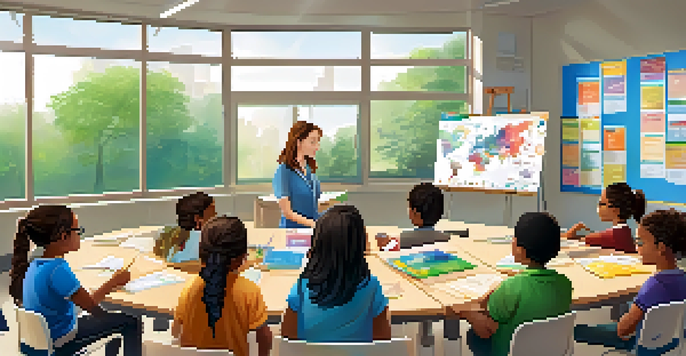 A bright classroom with a teacher and diverse students discussing ideas around a circular table, with educational materials on the walls.