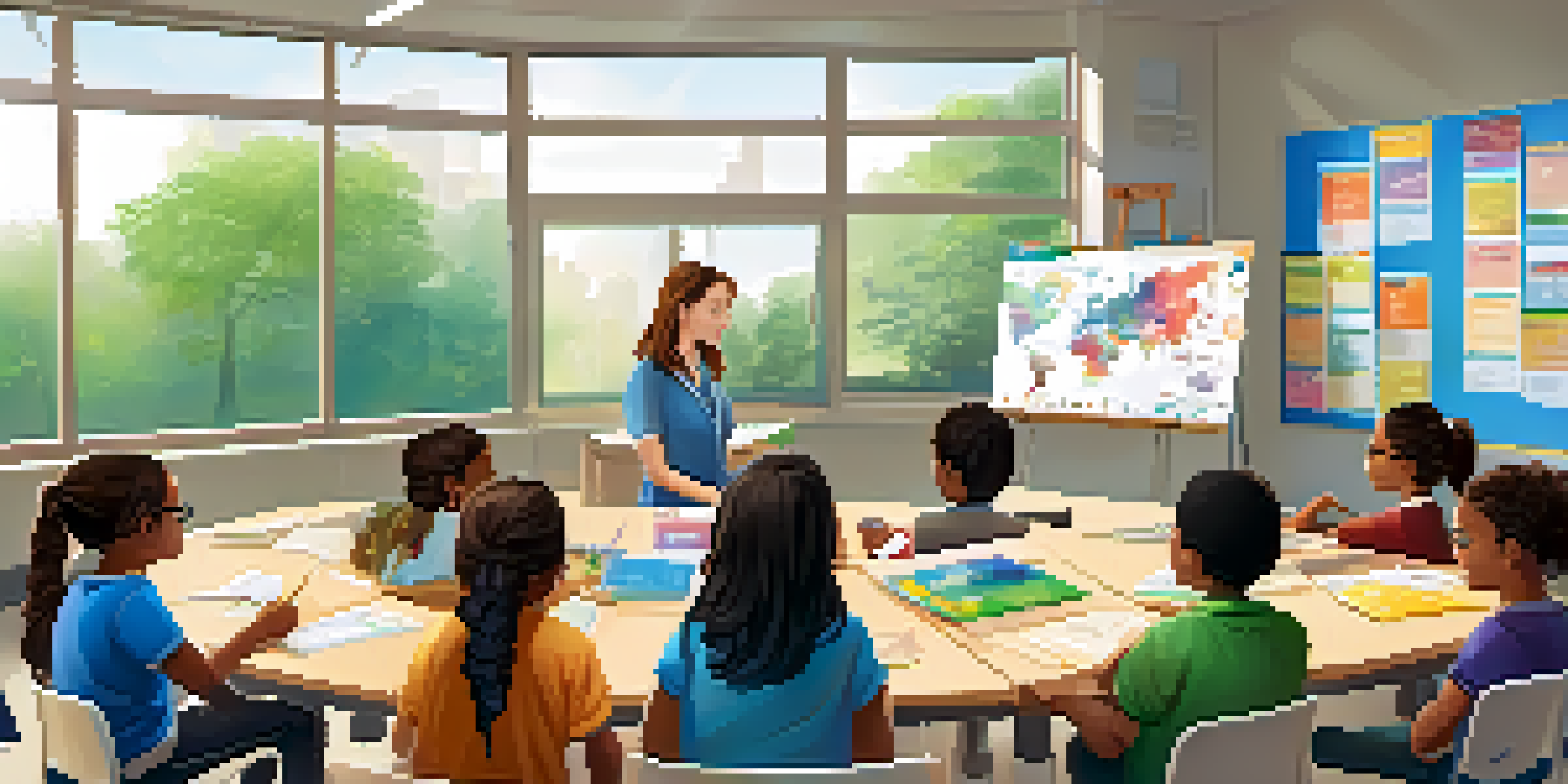 A bright classroom with a teacher and diverse students discussing ideas around a circular table, with educational materials on the walls.