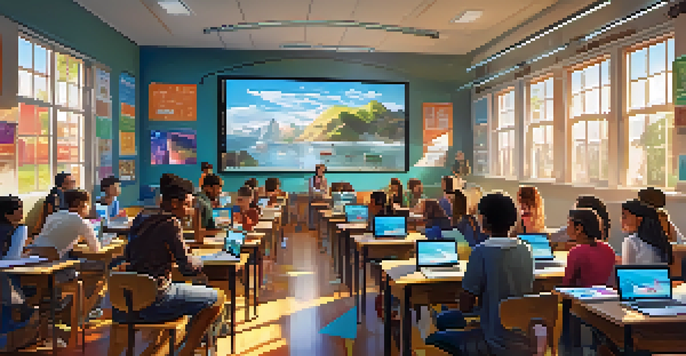 A lively classroom filled with students using various digital devices for learning, with colorful educational posters and sunlight coming through the windows.
