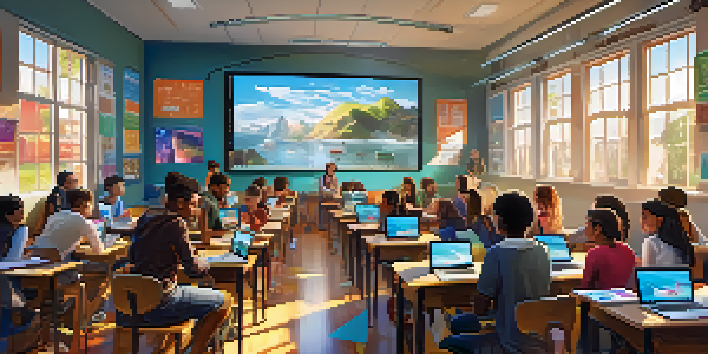 A lively classroom filled with students using various digital devices for learning, with colorful educational posters and sunlight coming through the windows.