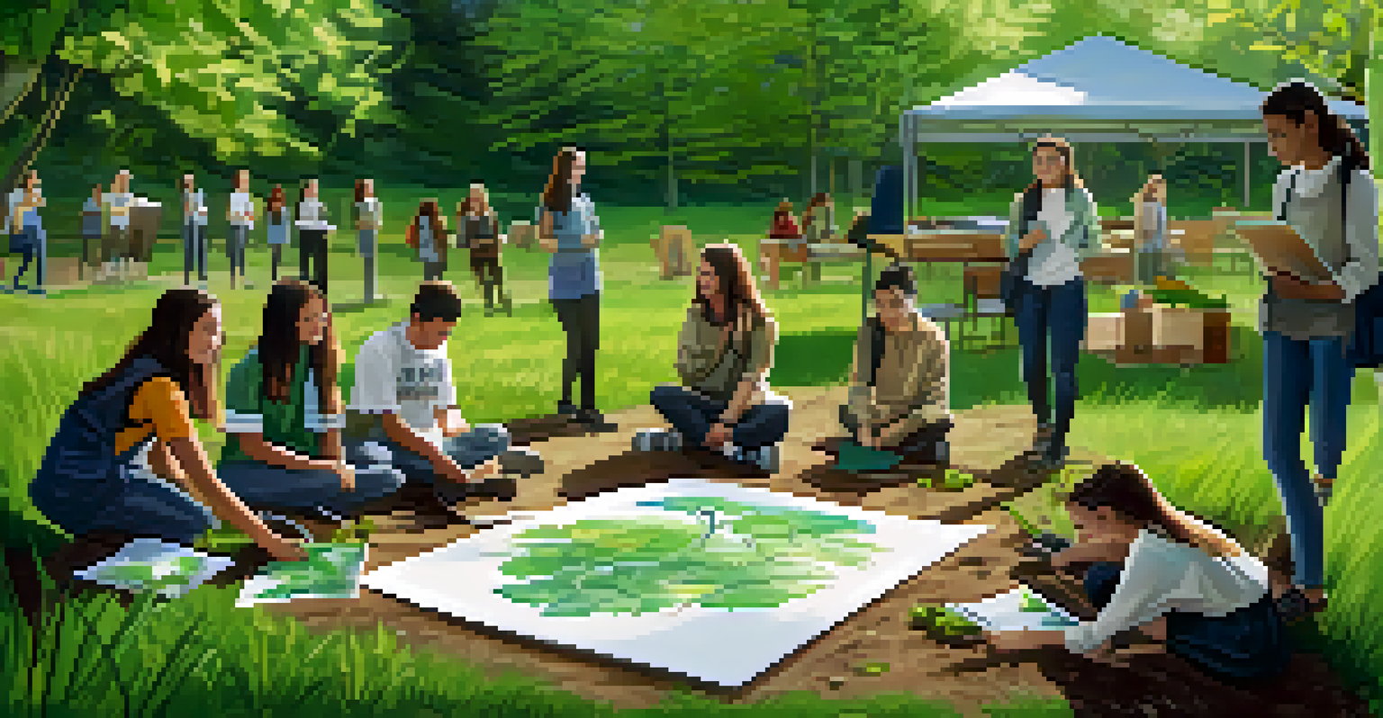 Students outdoors working on a sustainability project, examining environmental issues with diagrams and research materials.