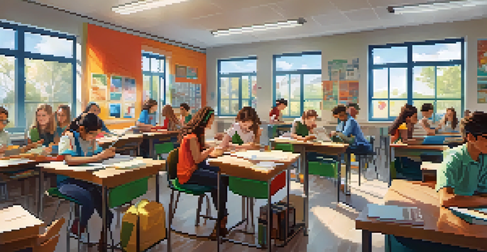 A lively classroom with students using laptops for gamified learning, collaborating and celebrating achievements.