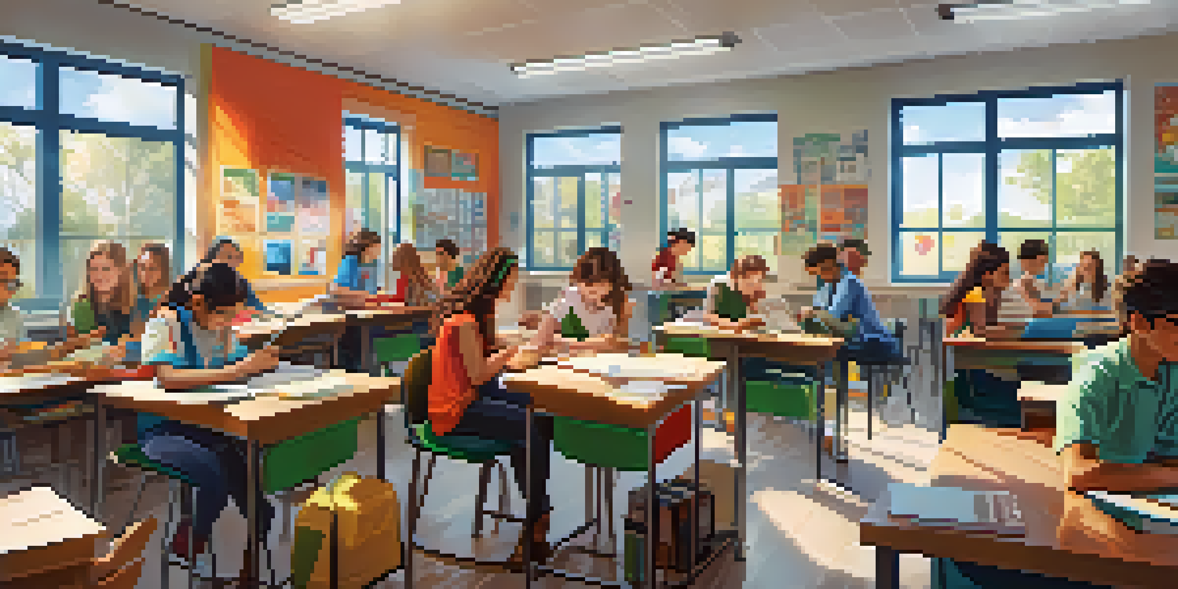 A lively classroom with students using laptops for gamified learning, collaborating and celebrating achievements.