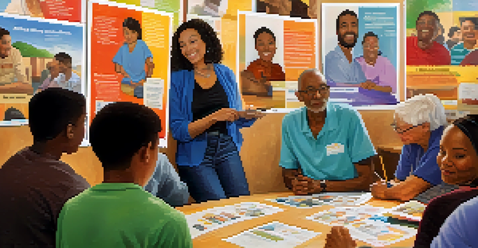 A diverse group of people participating in a community health workshop, discussing healthy habits with colorful posters in the background.