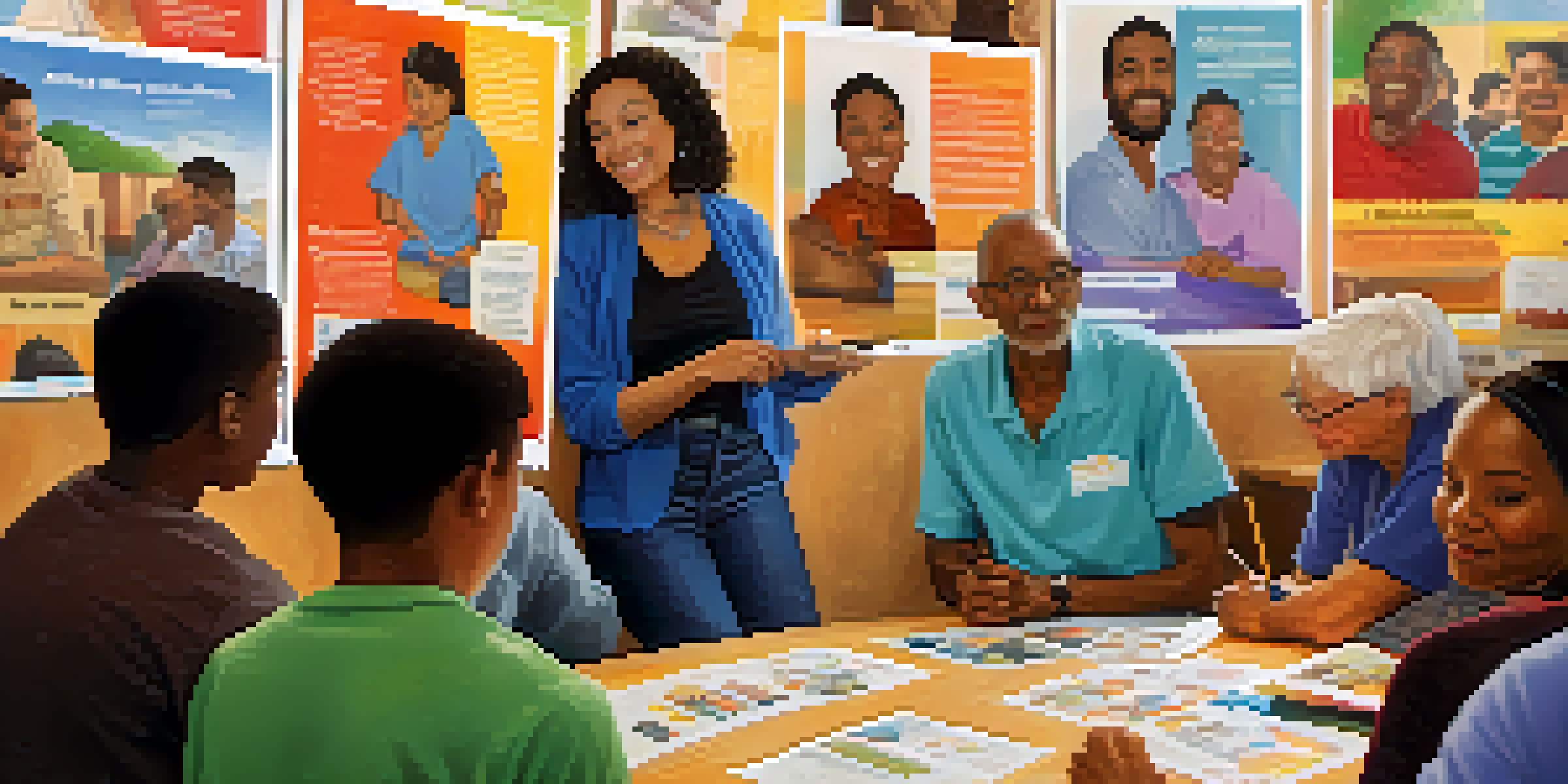 A diverse group of people participating in a community health workshop, discussing healthy habits with colorful posters in the background.