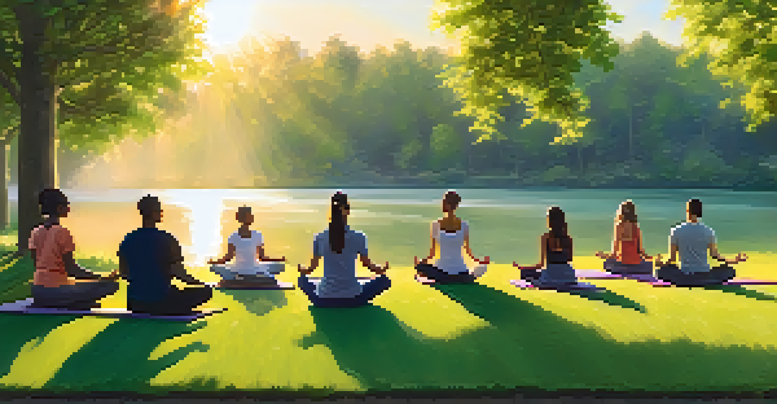 A diverse team practicing mindfulness outdoors in a green park, sitting on yoga mats with a serene lake in the background.