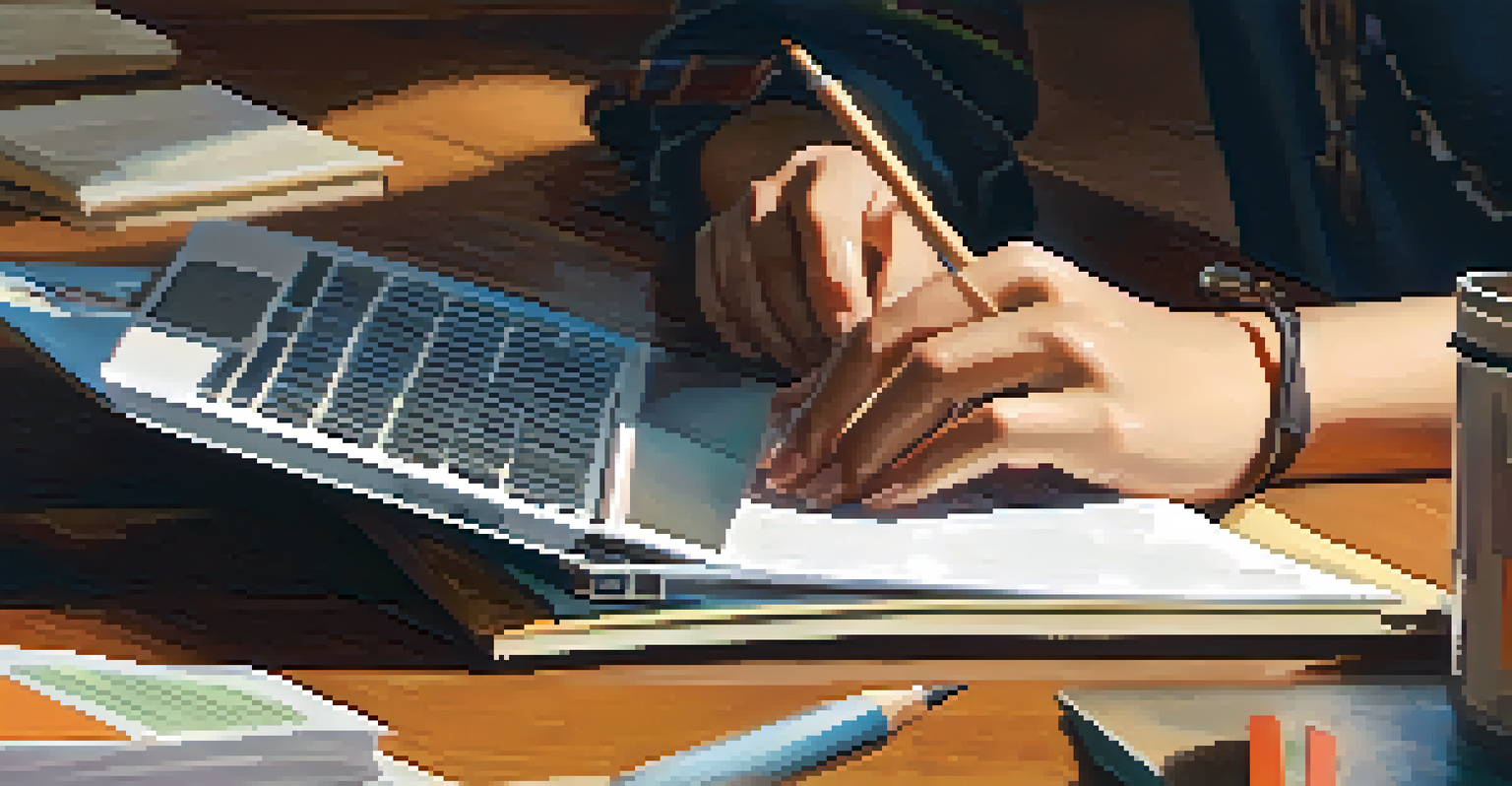 A close-up of a student's hands typing on a laptop, with textbooks and notes arranged around them, in a cozy study space.