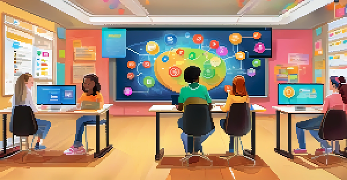 A diverse group of students engaged in an interactive online learning session, with colorful digital elements like badges and points visible on a screen.