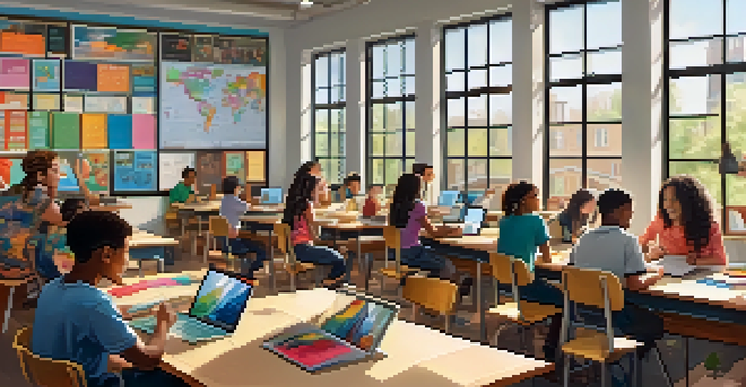 A vibrant classroom where diverse students are engaging in personalized learning with tablets and interactive screens, illuminated by natural light.