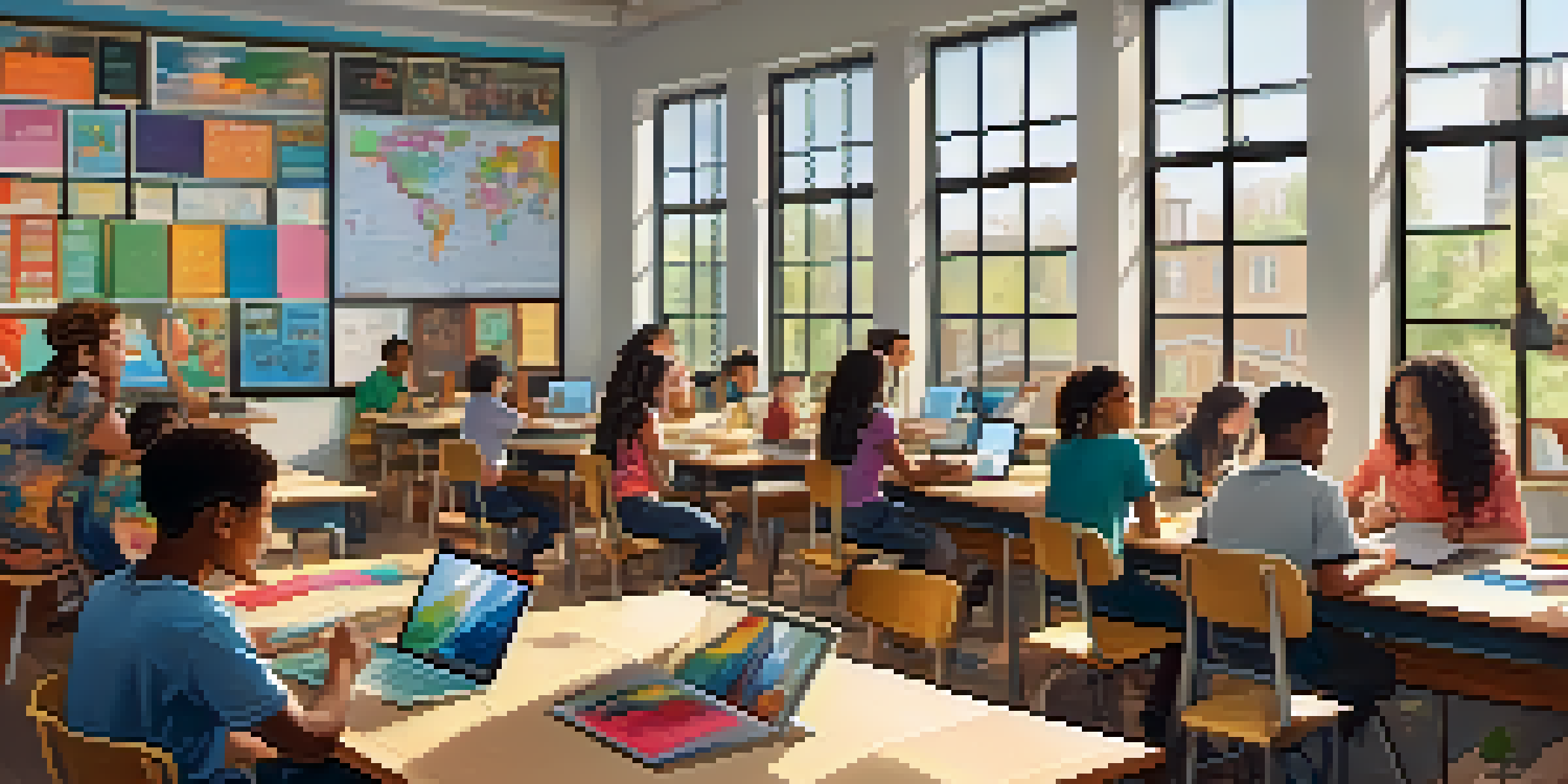 A vibrant classroom where diverse students are engaging in personalized learning with tablets and interactive screens, illuminated by natural light.