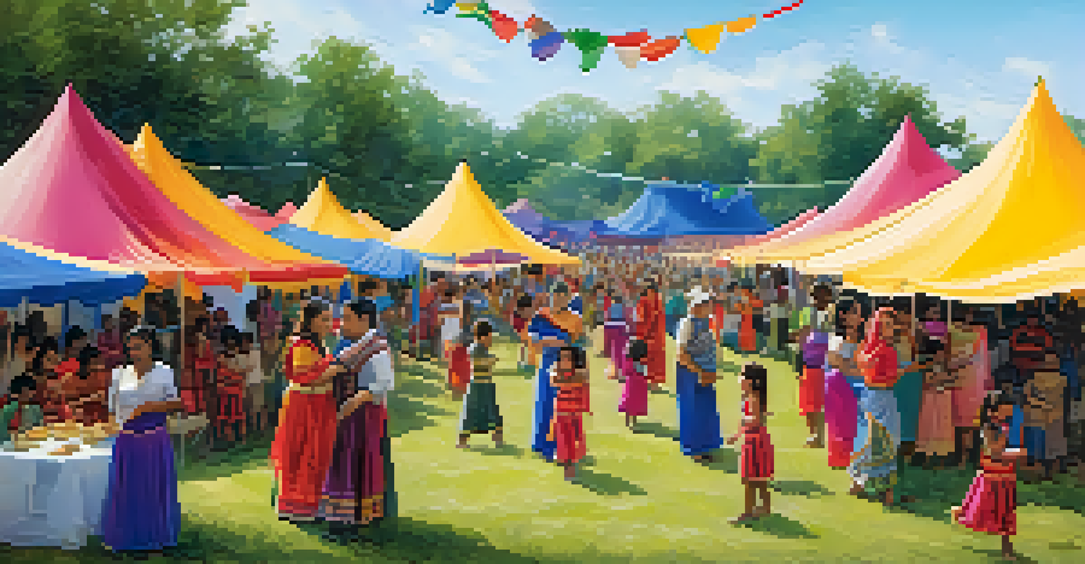 A vibrant community event celebrating cultural diversity with families sharing food and performing dances, surrounded by colorful tents.