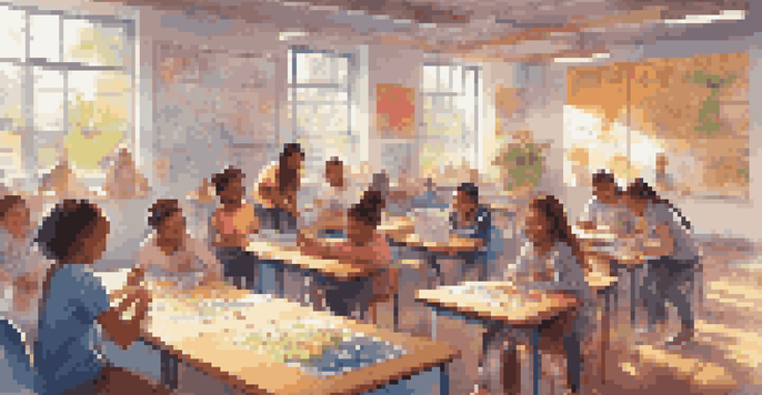 A lively classroom atmosphere with diverse students engaged in interactive learning through games, surrounded by colorful educational materials and natural light.