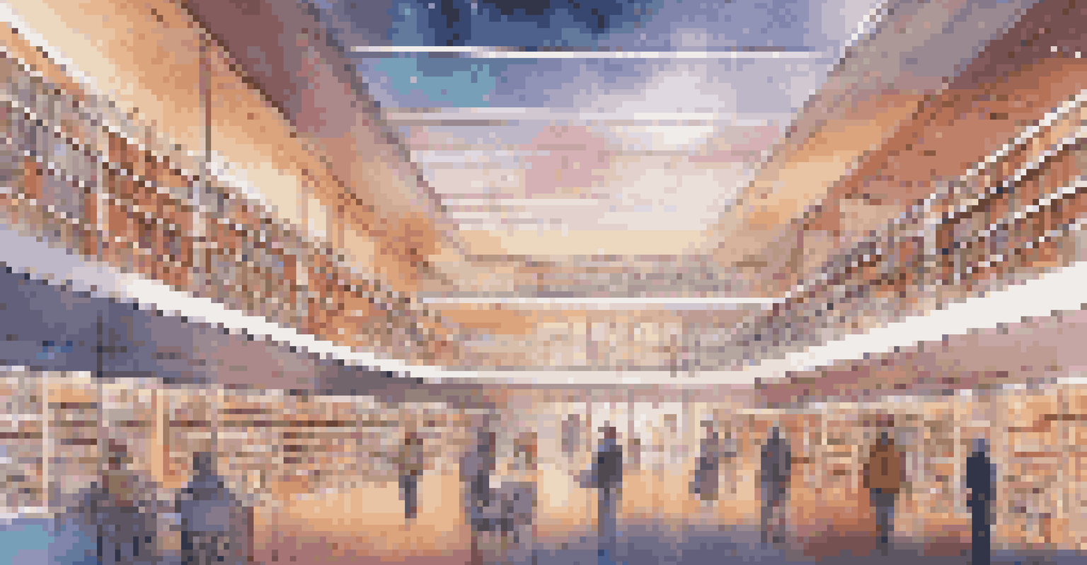 A futuristic library with holographic displays and patrons interacting with floating screens in a modern architectural setting illuminated by vibrant lighting.