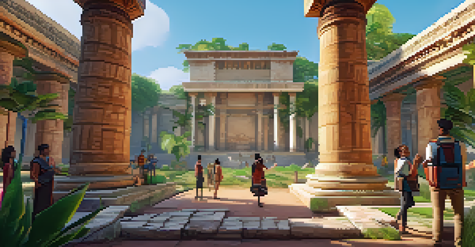 Students interacting in a virtual reality setting of an ancient civilization, surrounded by historical architecture and artifacts.