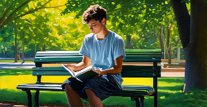 A teenager sitting on a park bench with a notebook, surrounded by trees and sunlight, looking thoughtful.