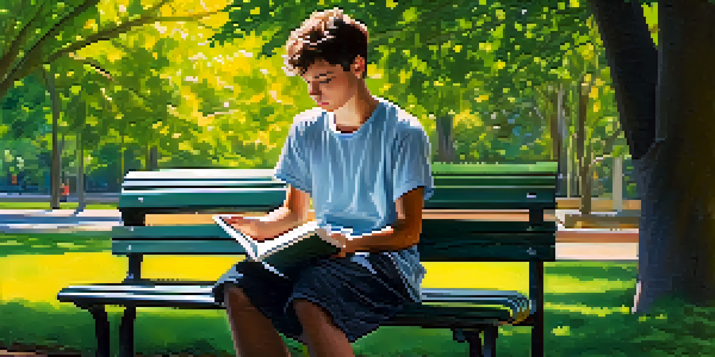 A teenager sitting on a park bench with a notebook, surrounded by trees and sunlight, looking thoughtful.