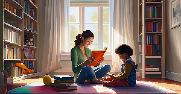 A parent reading a children's book to a young child in a cozy living room, surrounded by books and toys.