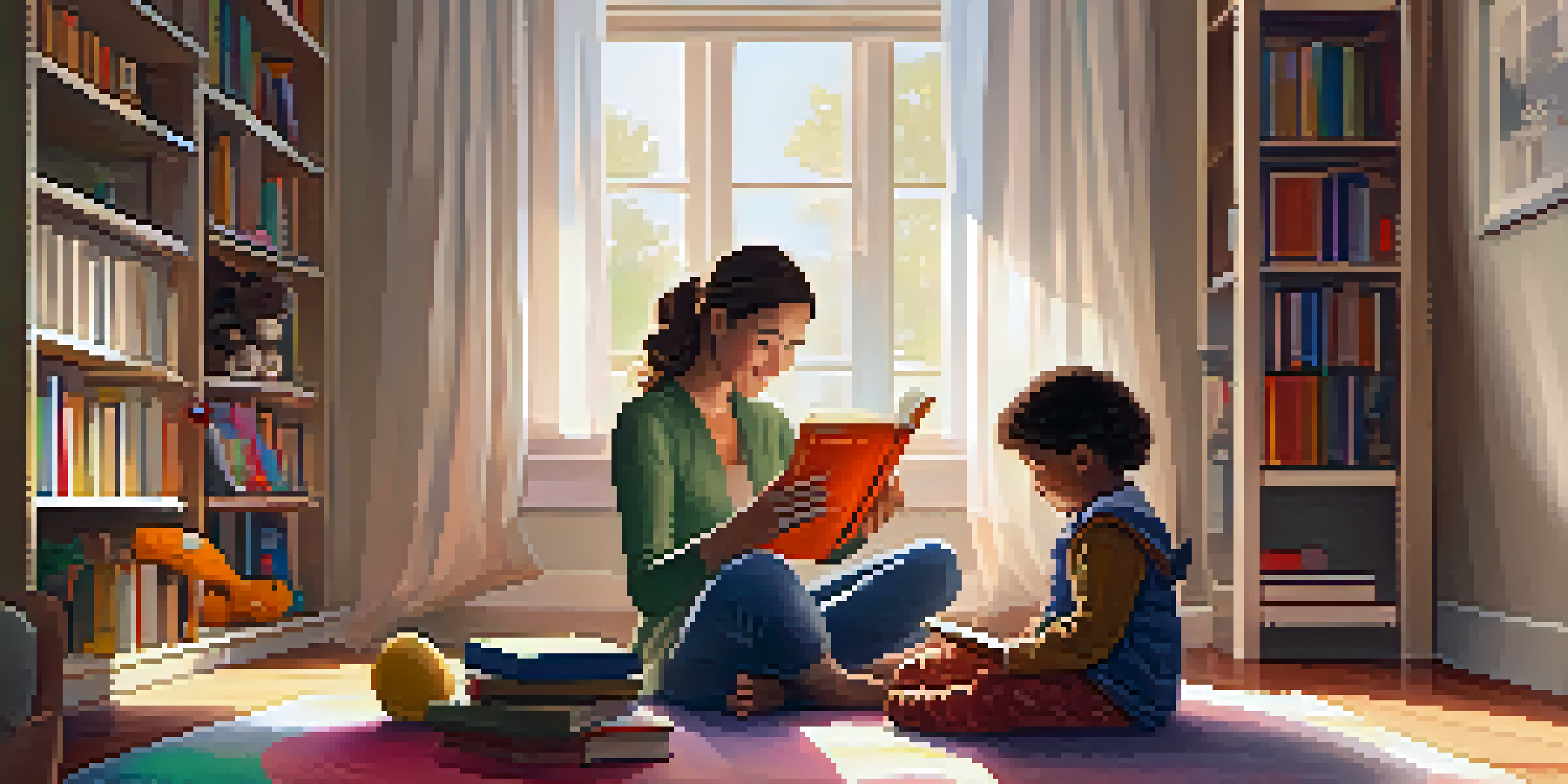 A parent reading a children's book to a young child in a cozy living room, surrounded by books and toys.