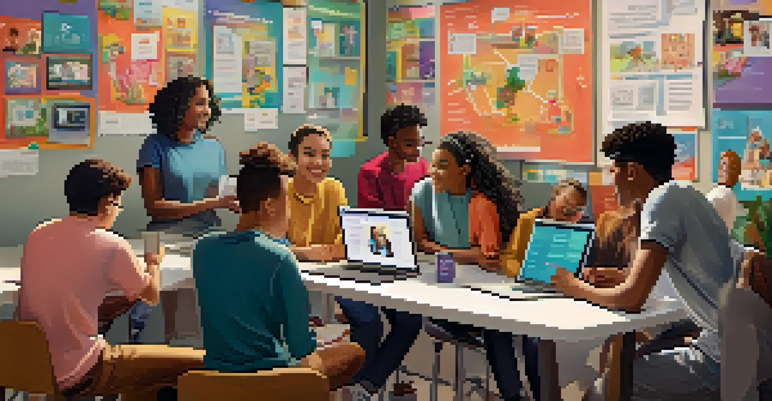 A diverse group of students collaborating on a project in a virtual classroom, showcasing interaction through laptops and creative decorations.