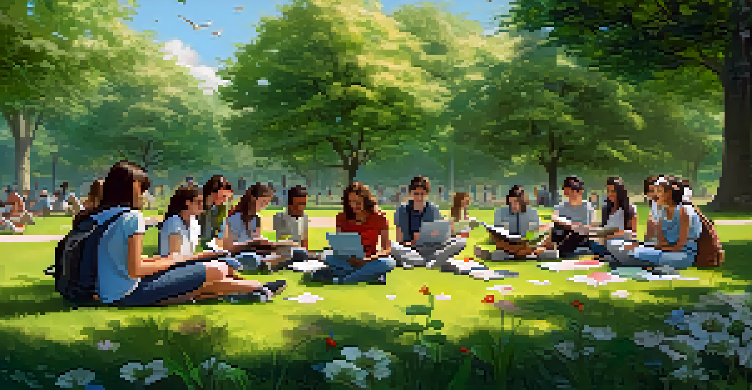 Students gathered outdoors on the grass, discussing and learning in a natural setting, surrounded by greenery.