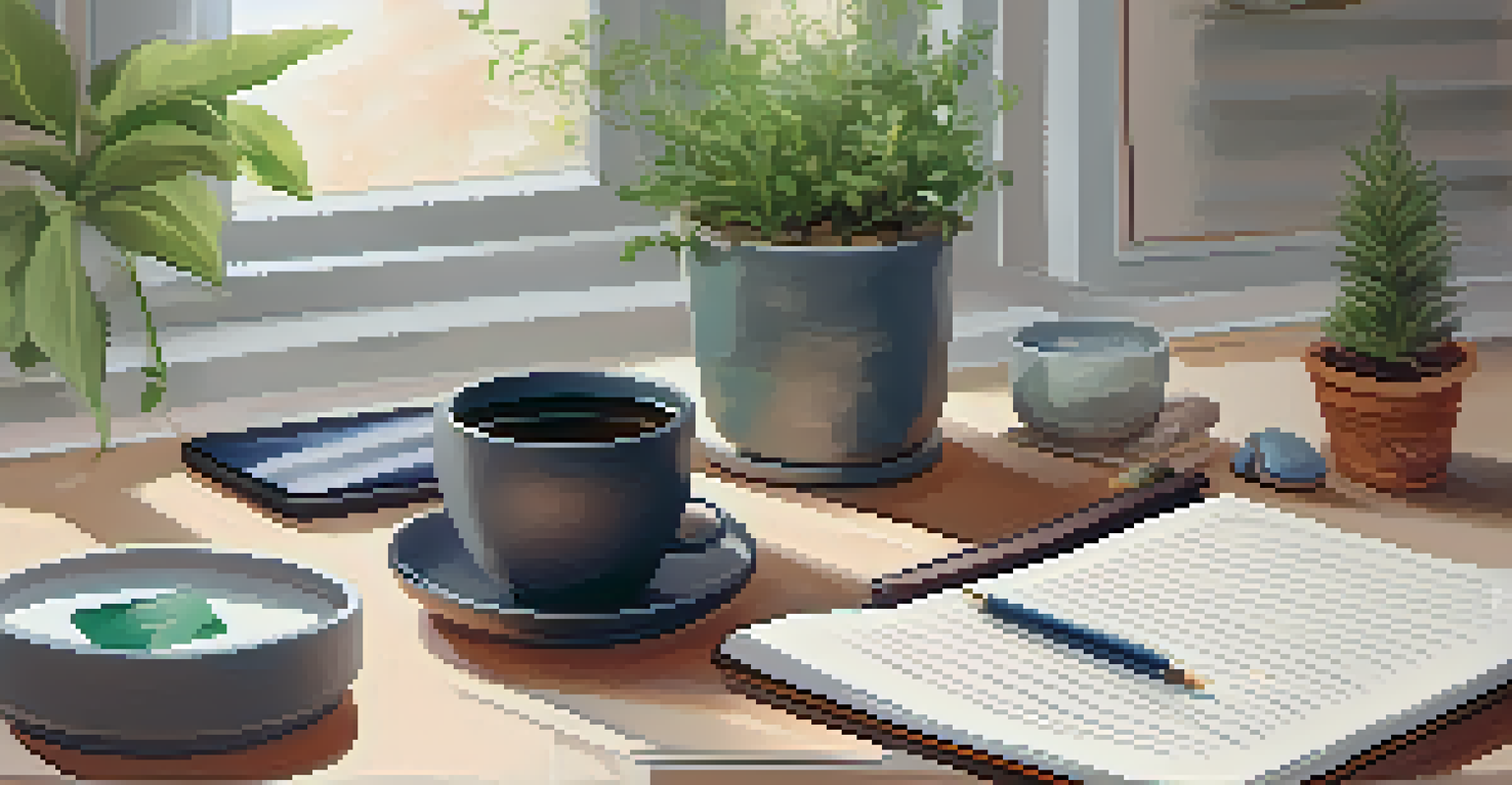 A cozy desk setup featuring a cup of tea, a tablet with a meditation app, and a notebook, promoting a peaceful daily routine.