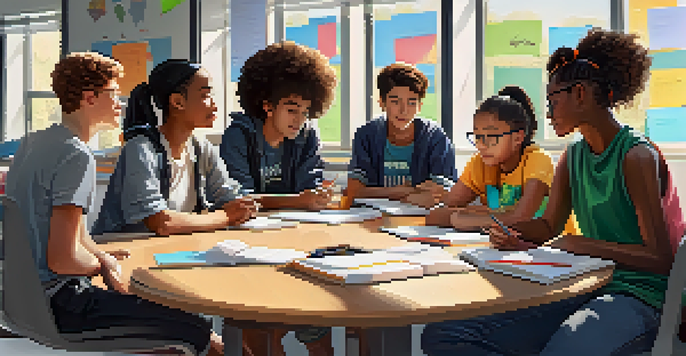 A diverse group of students in a circle sharing feedback in a bright classroom, with notebooks and laptops open, showing expressions of concentration.