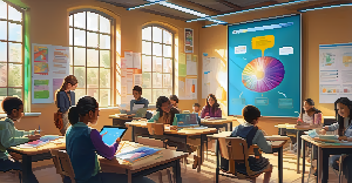 A diverse group of students in a bright classroom using tablets for AI translation, with a teacher guiding them.