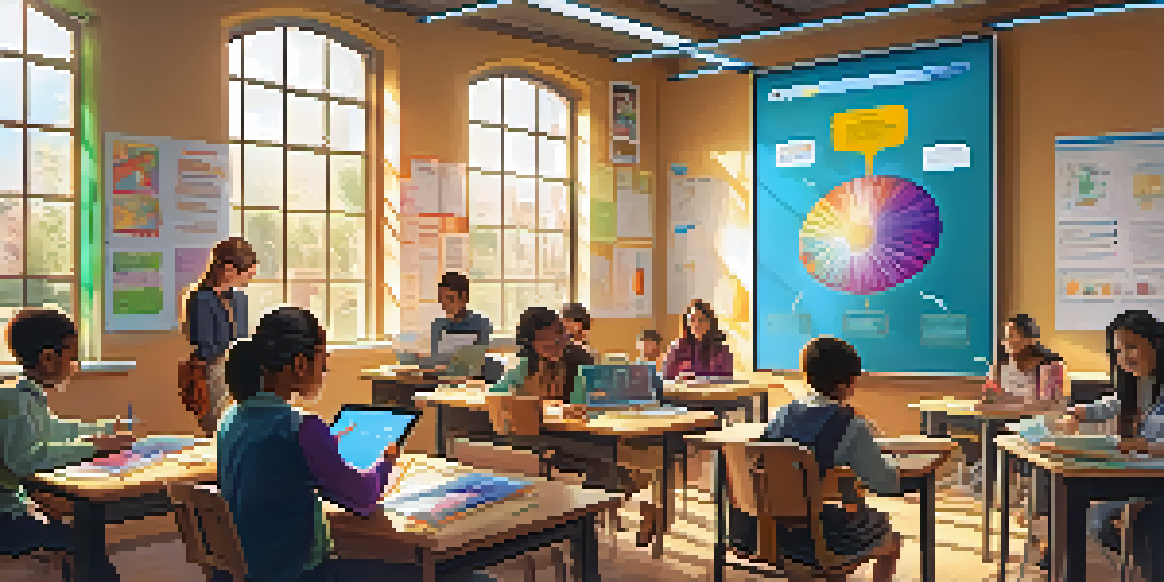 A diverse group of students in a bright classroom using tablets for AI translation, with a teacher guiding them.